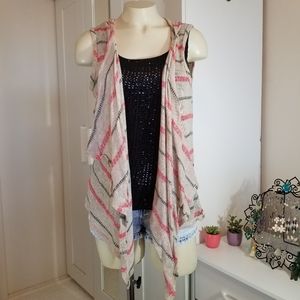 Sleeveless Hooded Striped Pink Gray Cream Cardigan